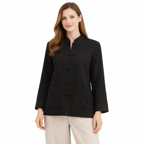 Lazutom Tunique pour Femme en Coton et Lin avec Bouton Grenouille et col Mandarin pour Arts Martiaux Chinois Kung Fu Tai Chi, Noir, Taille Unique