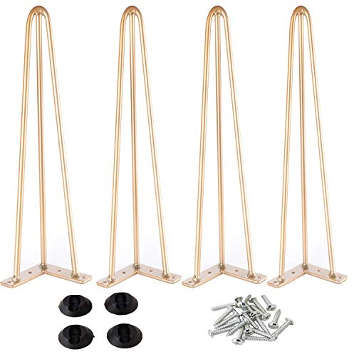 Osring 34 Inch Hairpin Table Legs with 1/2 Dia 3-Rods, Heavy Duty Metal Hairpin Furniture Leg for Coffee Table and Patio Bench, Gold Furniture Feet with Floor Protectors for Home DIY Project, 4 Pack