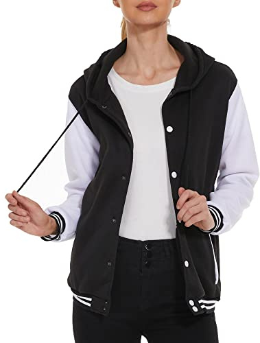 Icibgds Women Baseball Jacket Varsity Uniform Casual Loose Cardigan Unisex Adult Long Sleeve Warm Sports Jacket (Black,M)