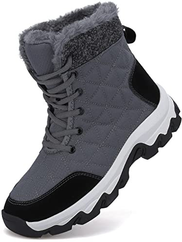 Dhinash Bottes de Neige Homme Bottines Hiver Femme Fourrure Chaudes Étanche Chaussures Montantes de Randonnée Extérieur Chaussures d'hiver Gris Blanc Taille 42