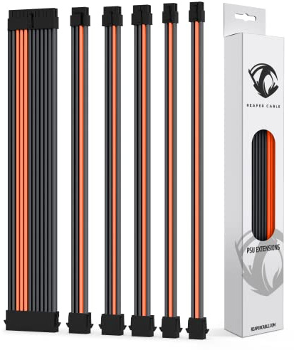 Reaper Cable Sleeved PSU Extension Set - Power Supply Extensions - 1x 24 Pin/ 2x 8 Pin/ 2x 6 Pin/ 1x 4+4 Pin - With Combs - 30cm (Carbon & Orange)