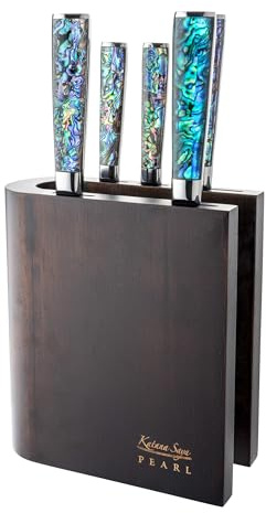 Katana Saya Pearl 6 Piece Kitchen Knife Block Set, Chef's, Carving, Bread, Utility and Paring Knives, Hardwood Block, Japanese VG-10 Damascus Stainless Steel, Acrylic Handle with Abalone Pattern