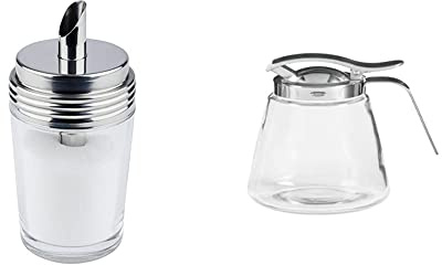 APS Zuckerdosierer, Zuckerspender, Zucker - oder Milchspender aus Glas, 6,5 x 6,5 cm, 14,5 cm Höhe. & Allzweckgießer, Glasgießer mit Edelstahl Schraubdeckel, 8,5 x 12 cm, 13 cm Höhe