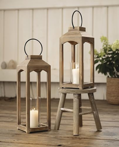 Lot de 2 Lanternes en Bois - 38 + 48 cm de Haut - Lanterne de Sol et à Bougie - Photophore