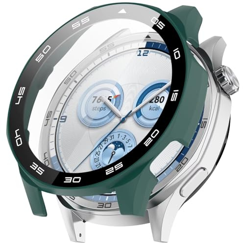 FTRONGRT Fodral kompatibelt med Huawei Watch GT 5 46 mm, PC + skärm härdad film, med skala, repfri allomfattande klockfodral kompatibelt med Huawei Watch GT 5 46 mm. Officiell grön