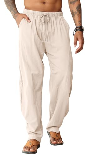 EDITCOZY Linnebyxor för män strandbyxor lösa hippy träningsbyxor harem stretchbyxor bomull yogabyxor, Khaki, XXL