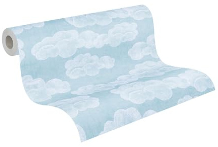 A.S. Création Kinderzimmer-Tapete Lilly & Luis - Strapazierfähige Vliestapete in Wolken-Optik - 10,05 m x 0,53 m - Blau, Weiß - Made in Germany – 771431