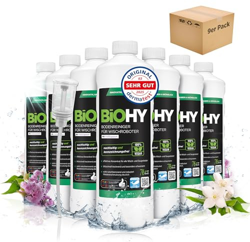 BiOHY Nettoyant de sol pour robot laveur Station avec parfum de printemps (9 x 1 litre) + doseur | Nettoyant concentré pour tous les nettoyeurs et robots aspirateurs avec fonction humide | Faible