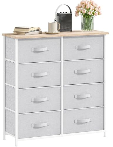 DWVO Kommode mit 8 Schubladen, Schrank aus Stoff mit Griffen, Metallgestell & MDF-Holzplatte, langlebig, für Schlafzimmer & Wohnzimmer,Hellgrau