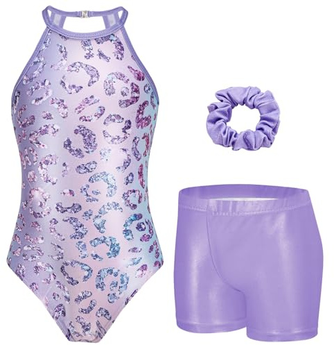 Zaclotre Dance Leotard for Girls Clasp Back Sleeveless Toddler Gymnastics Outfits with Shorts Purple Leopard 4-5Y