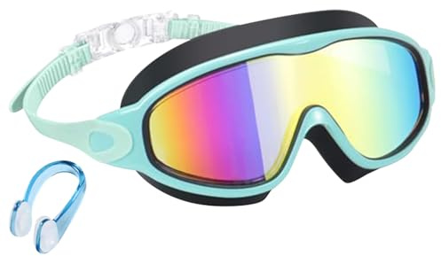 EDLMKM Kids Swimming Goggles, Swim Goggles Attached Nose Clip Wide View Uv Protection Anti Fog No Leaking Clear Vision Waterproof, From 4 To 14 Years Old Boys Girls