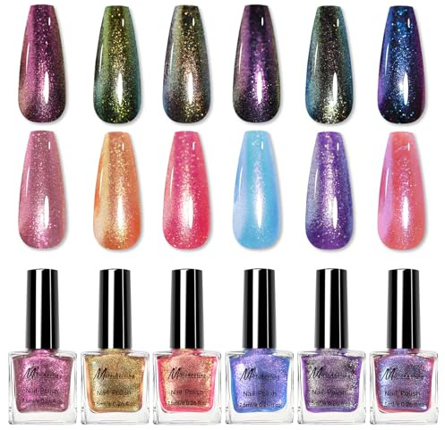 Chameleon Nail Polish Set, 6 Colors Iridescent Glitter Nail Varnish Kit, Quick Dry Holographic Chrome Nail Polish, Long Lasting Glossy Finish Nail Lacquer for DIY Manicure No Need UV Curing