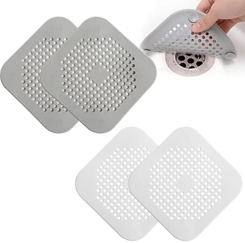 4 Silikon-Abflusssiebe, Haarsieb für Dusche, Badewanne und Spüle, Weiß/Grau