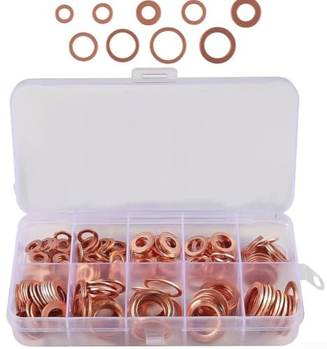 Kit surtido de arandelas de cobre, surtido de arandelas de cobre, 50/100/120 juntas planas en caja para alivio de presión y aislamiento (150 piezas)