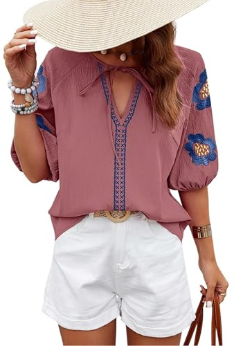 CXMSYY Womens Summer Blouses Floral Embroidered Puff Short Sleeve Shirts V Neck Boho Tunic Casual Blouse