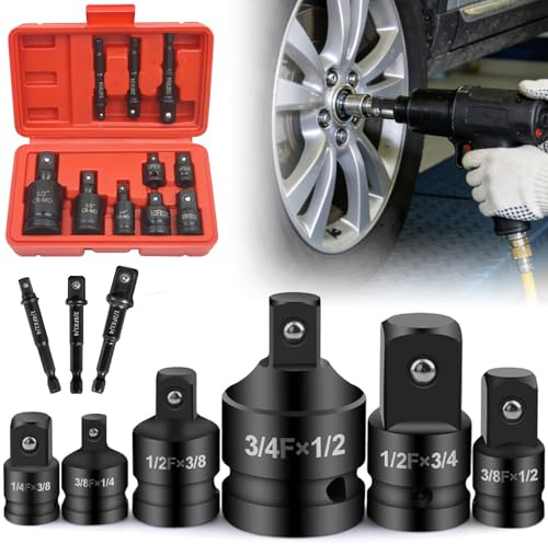 9pcs Schlagschrauber Stecknuss Adapter Set,Steckschlüssel Adapter Satz mit 6 Adaptern 3/8 auf 1/2,3/8 auf 1/4,3/4 auf 1/2,3 Verlängerungsstangen,Impact Socket Adapter für Schlagschrauber,Ratsche
