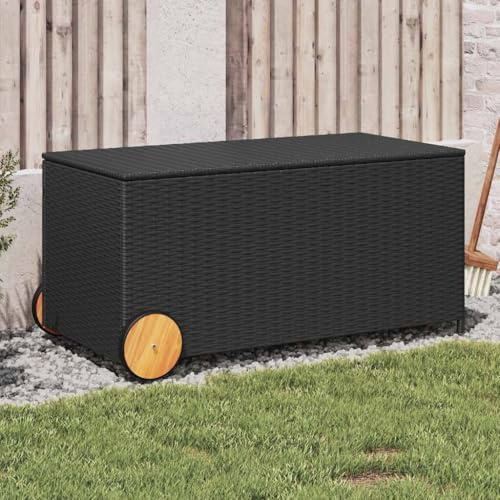 Gartentruhe mit Rollen Schwarz 190L Poly Rattan, wetterfest, UV-beständig, mit wasserfestem Innenbeutel, robuster Stahlrahmen, ideal für Garten, Balkon, Terrasse, geräumige Aufbewahrungsbox