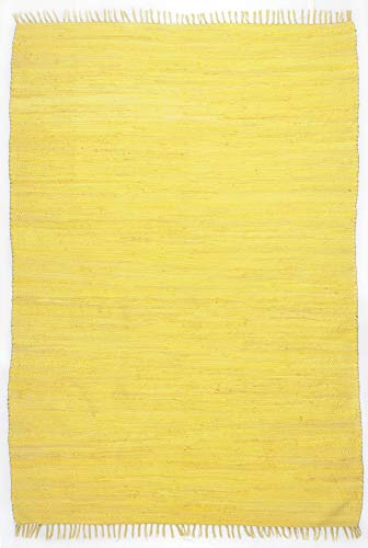 Theko | Dhurry Teppich aus 100% Baumwolle Flachgewebe Teppich Happy Cotton | handgewebt | Farbe: Gelb | 90x160 cm