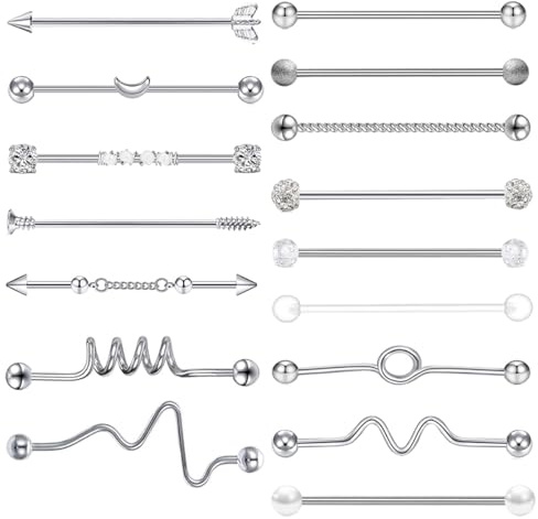 Suotarn 14G Industrial Barbell Earrings Stainless Steel Long Cartilage Helix Conch Body Piercing Jewelry 17pcs (mix style 17pcs)