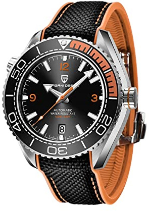 PAGRNE DESIGN automatiska klockor analog rostfritt stål mekaniska klockor 100 m dykarklocka sportklocka keramisk infattning lysande safir glas spegel (svart orange)
