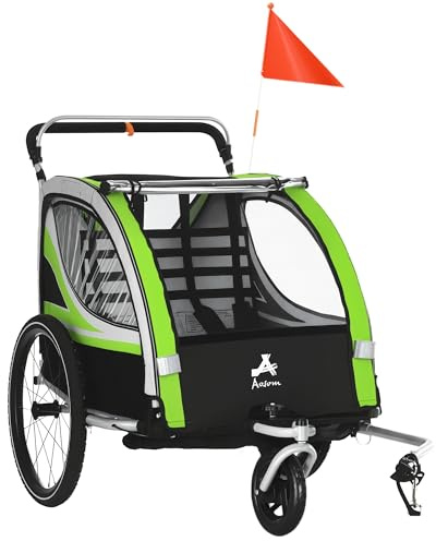 Aosom 2-in-1 Walk/Ride Child Baby Bike Trailer for Kids 2 Seater, High-Visibility Bike Stroller for Toddler Wagon, Weather-Strong Double Bicycle Trailer Accessory, Green