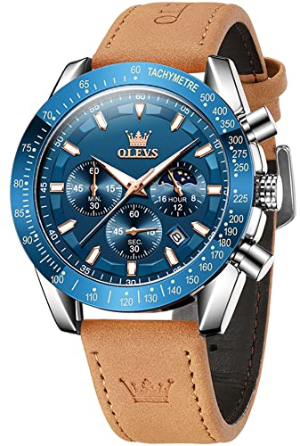 OLEVS Herren-Armbanduhr, braunes Lederband, wasserdicht, Sport, Militär, Multifunktions-Chronograph, analog, Quarz-Armbanduhr, leuchtend, modisch, Kalender, Silberfarben / Blau, Armband