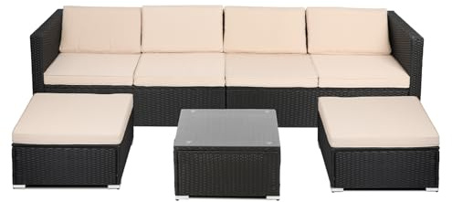 Panana 6 Seater Rattan Garden Furniture Set, Wicker Patio Lounge Sofas with Table Stools Sectional Modular Combination for Conservatory Outdoor Balcony (Black Rattan with Beige Cushions)