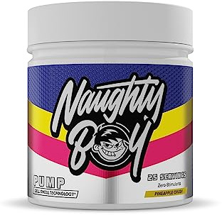 Naughty Boy Cell Swell Technology, Non Stimulant Pre Workout - Pump, Performance & Focus. L-Citrulline 6g, Beta Alanine 3.2g and Added Arginine, 400g - 25 Servings (Pineapple Crush)
