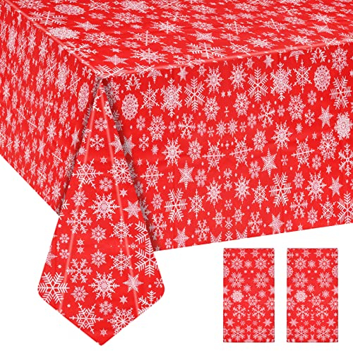 Jinlaili 2 STÜCKE Weihnachten Tischdecke, Rote Weihnachtstischdecke mit Schneeflocken, 137x274cm Weihnachtstischdecken Xmas Tischdekorationen, Wasserabweisend Rechteck Tischdecke für Weihnachten