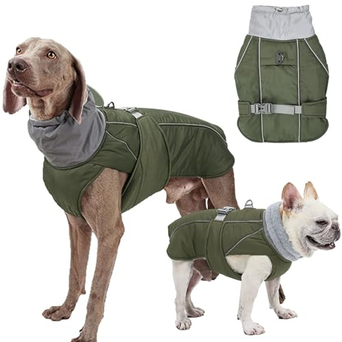 Hundemantel Wasserdicht Rollkragen Winterhundekleidung Verdickte Hund Warme Hundejacke mit Geschirr Loch Reflektierende Mäntel Jacken Weste Mantel für kleine mittlere große Hunde (Armeegrün, M)