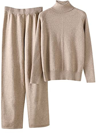 YCBMINGCAN Damen Strickset Herbst und Winter Strickanzug Stehkragen Pullover Lange Hosen Lose Zweiteiler Skianzug Damen Set (C-Khaki, One Size)