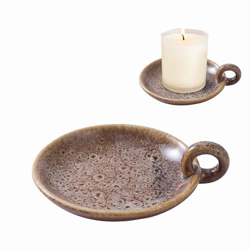 Vintage-Kerzenhalter aus Keramik mit Griff, Mini-Kerzenhalter im Bauernhaus-Stil, Tafelaufsatz, Keramik-Kerzentablett für Küche, Badezimmer, Couchtisch, Weihnachtsdekoration (Khaki, Durchmesser 12)