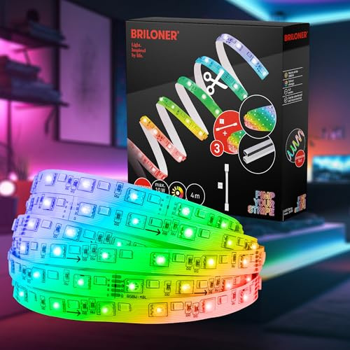 BRILONER – LED Stripe Erweiterungsset 4m LED Strip, bunte RGB Farben, Warmweiß, Dimmbar, Farbprogramme, Kürzbar, Selbstklebend, Streifen, Lichtleiste, Zimmer Deko, Gaming Deko
