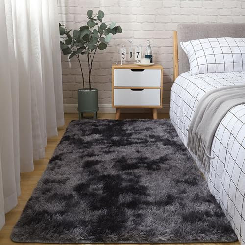 XUEDNGM Shaggy Hochflor Teppich Fellteppich 60 x 110 cm Waschbar Flauschig Weich rutschfest Moderne Deko Flauschige Moderne Teppiche Schlafzimmer Teppich für Wohnzimmer, Schlafzimmer, Dunkelgrau