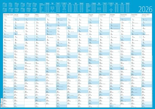 Zettler Jahresplaner 14 Monate foliert mit blauen Hintergrund 2026 – Wandkalender groß 86 × 60 cm, abwischbar, Monatsübersichten Dez. 2025–Jan. 2027, Feiertage & Ferientermine, FSC-zertifiziert