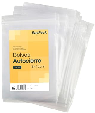 Raypack – Pack de 100 Bolsas Transparentes con Cierre Zip, Bolsas Autocierre de Plástico, Bolsas con Cierre Hermético Reutilizables y Resistentes, Bolsas Zip para Múltiples Usos (8x12)