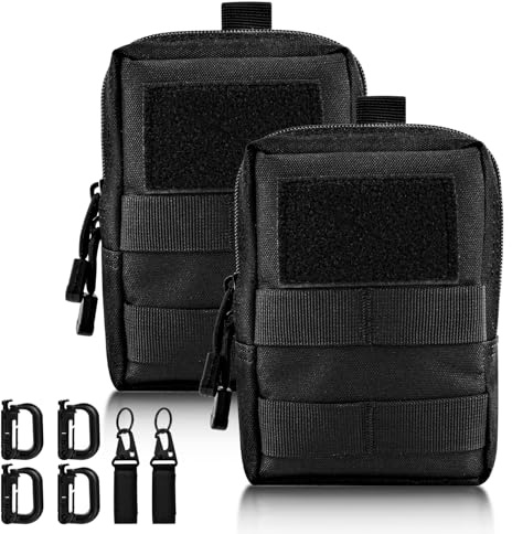 PlsMupn Taktische Tasche, 2 Pack Taktische Bauchtasche Mit 4 Karabiner, Tactical Bag aus 600D-Oxford, Camping Zubehör für Outdoor & Training, Bauchtasche klein & Praktisch
