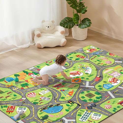 Tospass Teppich Kinderzimmer Spielteppich Straße Stadt für Junge & Mädchen, Waschbar Kinderteppich für Babyzimmer, Schlafzimmer & Spielzimmer mit Antirutsch Rücken, 150x200 cm