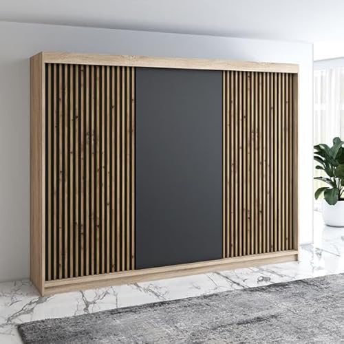 A&J MöbelLand Schwebetürenschrank IOSA Kleiderschrank 3-türig mit 4 Schubladen & 3D Lamellen, Garderobe 200 cm (Sonoma/Schwarz/Schwarz/Schwarz)