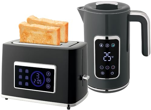 HOMCOM 1.7L 3000W Kettle and Toaster Set with LED Touch Screen, Grey | Rapid Boil Jug Kettle, Stainless Steel Inner, Keep Warm Memory Function, Cool Touch Body, 2 Slice Toaster, 6 Browning Levels