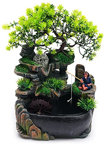 Inomhusfontän, bordsfontän, kaskadfontän, dekoration med fiskarfigur, vattenhjul och belysning, Feng Shui, vattenfall för vardagsrum, kontor, avkoppling, gåva
