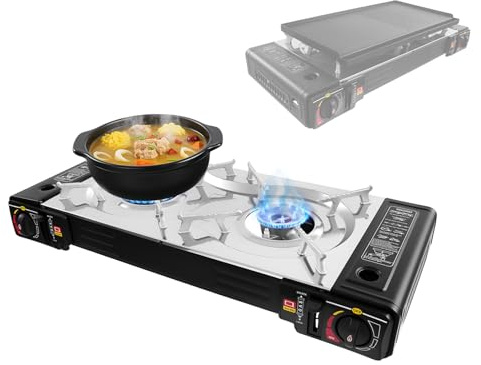 MEHOOSPVN Hornillo de gas para camping de 2 quemadores de 2,5 kW, juego de hornillo portátil de gas Stove de aluminio, hornillo de gas con placa de barbacoa, maletín de almacenamiento, encendido