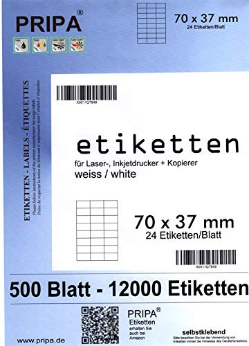 pripa - Amazon FBA Versand Etiketten 70,0 x 37,0 mm - 24 Stueck auf A4 - Großpackung 500 Blatt DIN A4 selbstklebende Etiketten - DHL Post