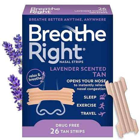 Breathe Right Nasal Strips Lavender Scent, Extra Strength Tan Nose Strips for Nasal Congestion Relief Caused by Colds & Allergies, Better Breathing, Less Snoring, Drug-Free, 26 Ct (Packaging May Vary)