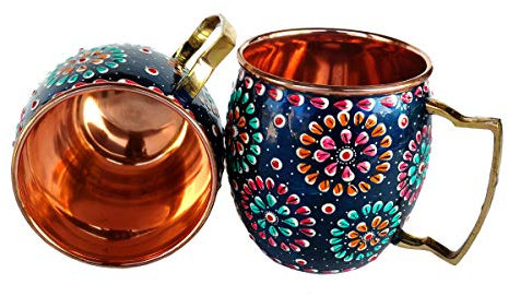 Rastogi Handicrafts Handmade Pure Copper Outer Hand Painted Art Work Wine, Vodka, Beer,Cocktail,Juice, Cold Coffee Mug - Cup 16 oz Pack of 2 Mug
