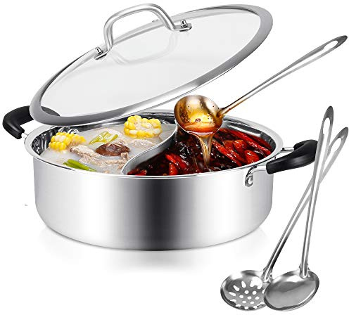 Hot Pot with Divider Stainless Steel Shabu Shabu Pot for Induction Cooktop Gas Stove 11’’ Suitable for 2-3 Person (11 inch)