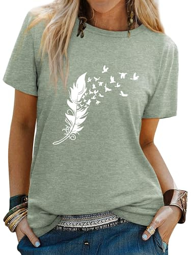 Dresswel Women's T Shirts Feather Print Crew Neck T-Shirt Summer Tops | Casual Short Sleeve Peace Dove Graphic Basic Cotton Tee Shirts