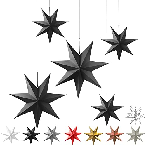 Frau WunderVoll® liebevolle Faltsterne schwarz matt 5 Stück: 3 Stück Durchmesser 25 cm + 2 Stück Durchmesser 40 cm, 7 Zacken geschlossene Oberfläche Feste Pappe Weihnachtsstern Weihnachtsschmuck