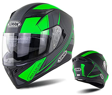 Doppelvisier Motorradhelm Persönlichkeit Cool Double Lens 4-Seasons Integralhelm Motorrad Helme für Erwachsene Herren Damen,ECE-Zulassung (Green,L(58~59cm))