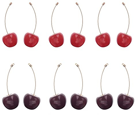 6 Pares Pendientes De Cereza, Pendientes De Frutas, Pendientes Colgantes De Cereza, Aretes De Cereza Lindo Y Encantador para Damas Y Niñas (Rojo, Fucsia)